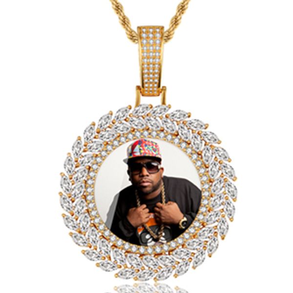 Nuevo Hip Hop Joyería Regalo Grano Foto personalizada Medallón redondo Sólido Volver Collar colgante con cadena de cuerda Cubic Zircon Lover Hombres Regalos para mujeres