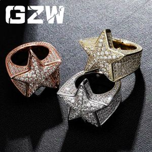 Nieuwe Hip Hop Real Gold Bling Cubic Zirconia Pentagram Mens Womens Band Ring CZ Diamond Finger Rings Rapper Sieraden Bijoux Geschenken voor Paren