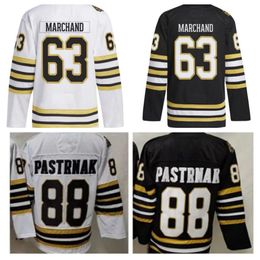 Nouveaux maillots de hockey David Pastrnak 88 100e anniversaire Brad Marchand 63 Patrice Bergeron 37 Noir Blanc Or S-XXXL Cousu 2023 Maillot pour homme