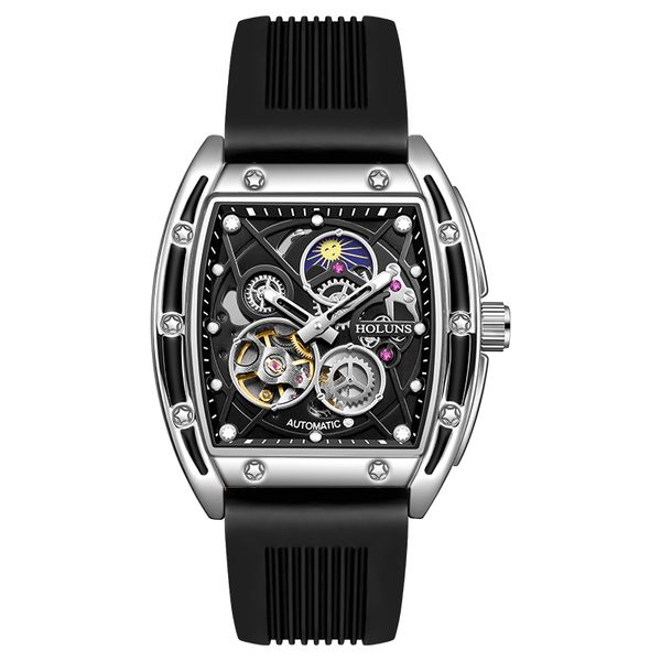 Nouvelle montre pour hommes de luxe Holluns évider la ceinture en silicone de mouvement mécanique multifonctionnel 42mm