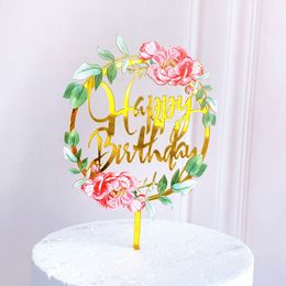 Nouvelle maison Fleurs colorées joyeux anniversaire gâteau topper doré acrylique anniversaire de fête de fête pour le dessert pour baby shower suppli3296022