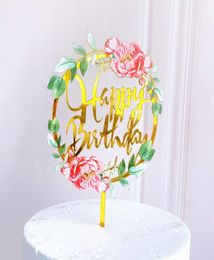 Nouvelle maison Fleurs colorées joyeux anniversaire gâteau topper Golden acrylique d'anniversaire de fête de fête pour le dessert pour baby shower Suppli4412255