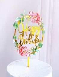 Nouvelle maison Fleurs colorées joyeux anniversaire gâteau topper doré acrylique d'anniversaire de fête de fête pour baby shower de boulangerie Suppli8280362