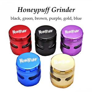 Honeypuff Grinder Herb Crushers Fumer 61mm 4 Couches Tabac Avion Aluminium Fumée Cigarette Fenêtre Latérale Style Spice Crusher Sec Herbal Grinders