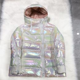 Nieuwe capuchon Dazzle Color Gradient Laser Bright Parkas Down Jacket Vrouw Wit Goose Overcoat Short