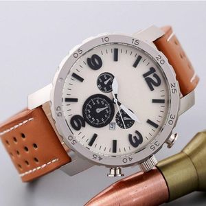 Nuevo diseño de lujo de dial grande con función calendario 3 decoración de marcos para hombres reloj de cuero de cuero de cuero reloj reloj deportivo 237g