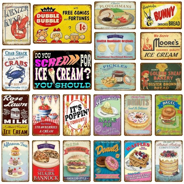 Nueva comida deliciosa y caliente Decoración de lata Helado Leche Fresas Pepinillos Waffles Plowmans Letreros de chapa de metal Póster vintage Arte de la pared Placa personalizada tamaño 30x20 cm w02