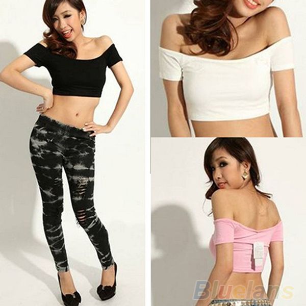 New Hot mode Sexy solide Femmes Casual Off-Shoulder Skintight Ventre T-Shirts Tops Blouses Crop 02A2