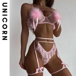 Nouveau chaud plumes soutien-gorge Lingerie ensemble tongs Sexy porno sous-vêtements femmes corps volants dentelle Sissy érotique tenues fée intime