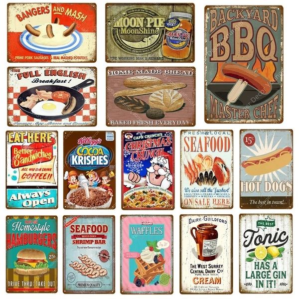 Nuevo cartel de lata de arte de comida caliente BBQ Moon Pie Mariscos Perros calientes Crema Hamburguesas Pan Letreros de metal Placa vintage Bar Pub Tienda Hogar Pared personalizada Decoración tamaño 30x20cm w02