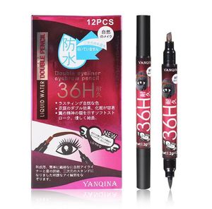 Nieuwe hete make-up YANQINA 36H dubbele eyeliner potlood 2 in 1 waterdichte eyeliner pen wenkbrauw + vloeibare oog voering 3 kleuren DHL verzending