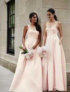 Nouvelles robes de demoiselle d'honneur en dentelle de satin rose chaud 2018 Une ligne jupe col en v robes de soirée formelles pour les invités de mariage Robes de soirée formelles mm36