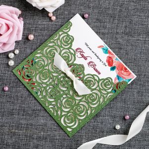 Nouvelle offre spéciale Laser Cut vert paillettes Invitations de mariage cartes personnalisées nuptiale douche fiançailles Invitation pas cher