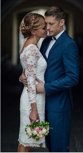 Nieuwe Hot Sale Short Mini Wedding Jurken Illusion Lace Appliques Beaded Backless met knop lange mouwen plus maat formele bruidsjurken