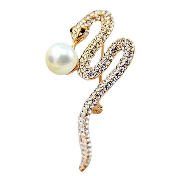 Broche de serpent en cristal de diamant brillant de qualité pour femmes, épingles d'écharpe, broches de perles de coquillage, plaqué or véritable 18 carats, bijoux cadeaux de fête de mariage