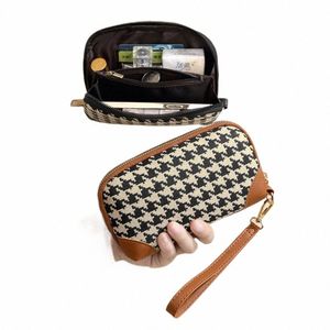 Nuevo Houndstooth Women's LG Style Canvas Zipper Wallet Bolso de gran capacidad Coreano Fi Car Key Bag Card Bag Monedero Y41U #