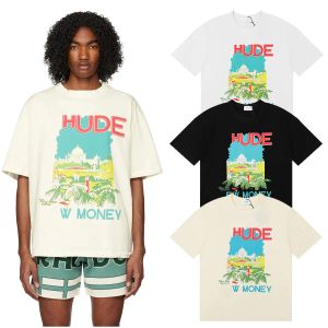 Nueva camiseta HUDE Cuello redondo Castillo Árbol de coco Alféizar de la ventana Paisaje Algodón puro Camisetas finas sueltas para hombres y mujeres Camisetas de manga corta Ropa superior