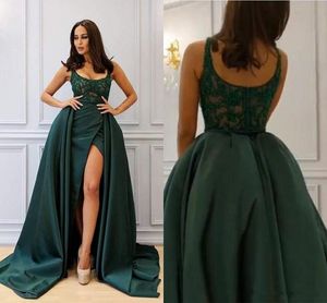 Nouveau Hunter Vert Overskirts Robes Soirée Porter Scoop Appliques Cristal Gaine Longue Formelle Arabe Dubaï Prom Party Robes Vestidos