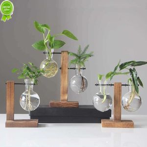 Nouveau vase en verre hydroponique plante récipient en verre vase transparent avec étagère en bois plante de bureau décoration de bureau à domicile