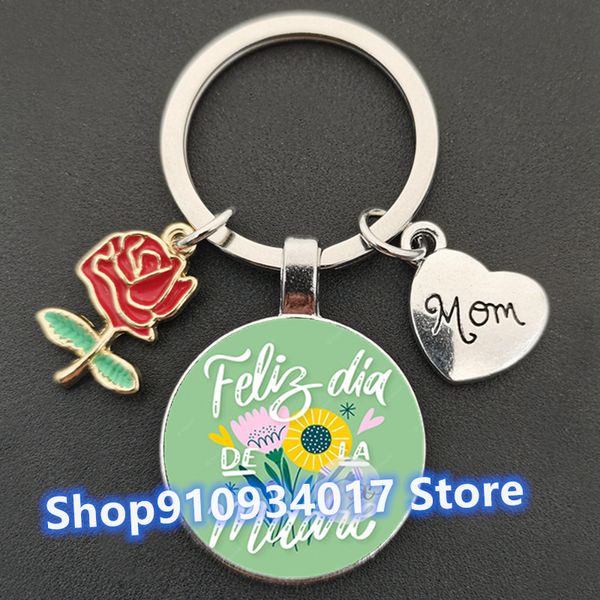 Nouveau I Love Mom Round Glass Key Chain Beautiful Enamel Red Rose Mom Pendant Key Chain pour la chaîne de clés cadeaux de la fête des mères.