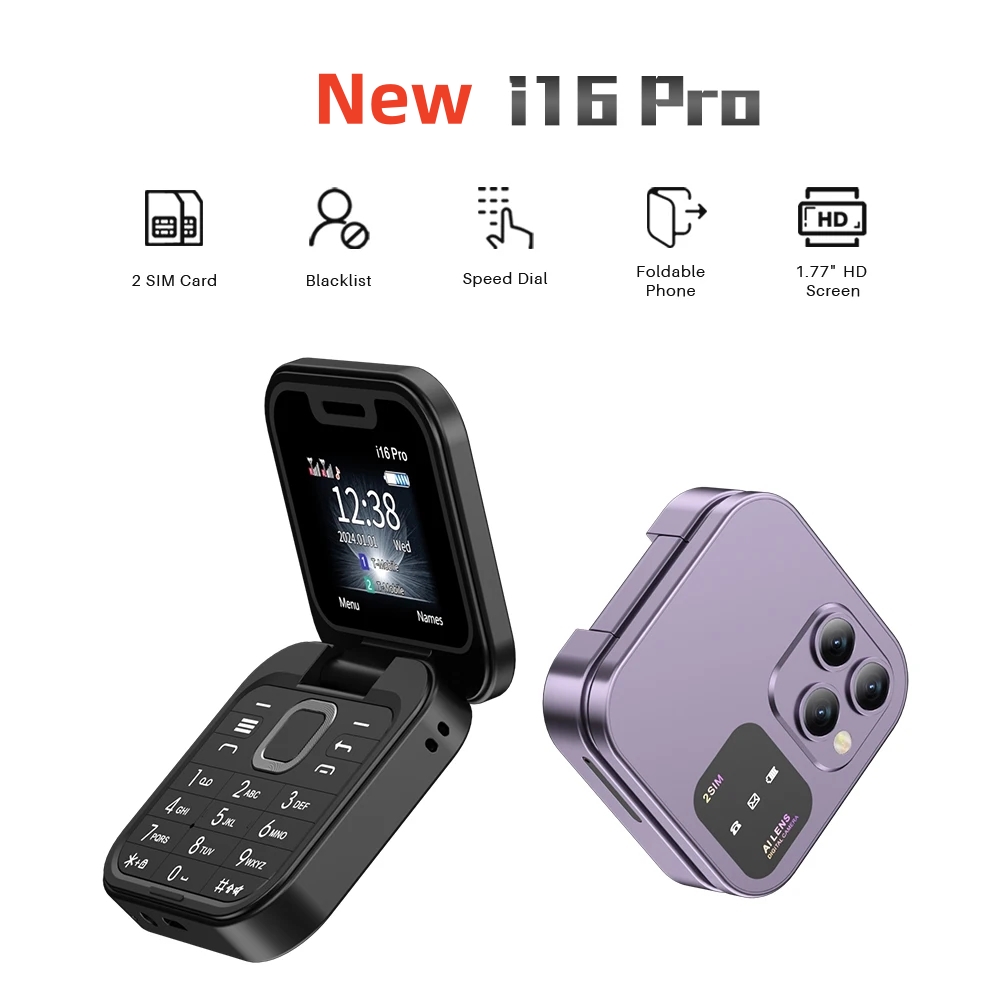 Новый i16 Pro Mini Fold Mobile Phone Двойной сим -карты FM Radio Vibration Magic Voice Blacklist Speed Dial 1.77'''screen Square Phone