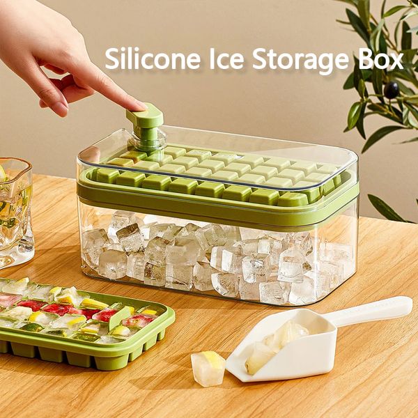 Nuevas herramientas para helados Bandeja de cubitos de hielo Caída con un clic Fácil de liberar Molde de hielo de silicona de 32 cavidades para cócteles Fabricante de cubitos de hielo con caja de almacenamiento Bandeja de hielo