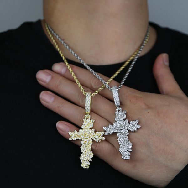 Nouveau collier de croix de fleur bling glacée pour femmes hommes couleurs argentées PRONG STRAGE CUBIC ZICCONIA ROSE CHARM HIP HOP BIJOURS