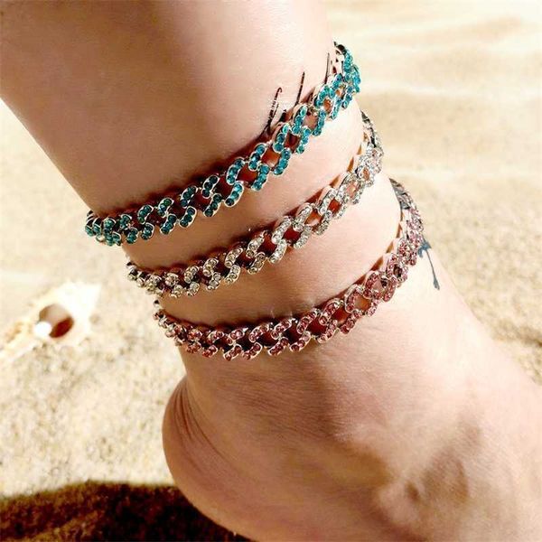 Nueva pulsera tobillera cubana con diamantes de imitación, joyería de Hip Hop para mujer, cadena de pie de cristal rosa azul, playa de verano 230719