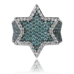Nieuwe Iced Out Full Cubic Zirkoon Franklin Mint Groene Gemstone Heren Hexagonal Star Gold Ring Hiphop Sieraden Gift