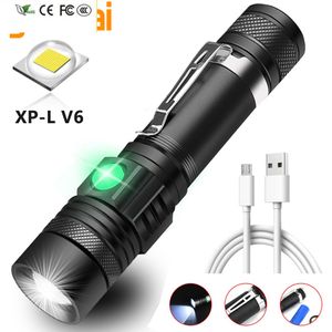 Nouveau ight avec XP-L V6 Lamp Ultra Bright LED Flashl perles torch Zoomable 4 Modes d'éclairage multifonction USB Charge 18650 Baatery