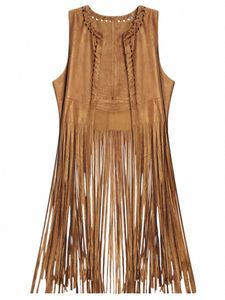 Nieuw In 2023 Vrouwen Suede Vest Fi Fringe Cape Sleevel Kwastje Sjaal Vest Jas Outerwears Hippie Kleding 669L #