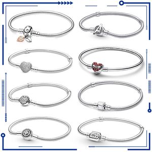 Nouveau en 925 Sterling Silver Snake Chain Charm Bracelet Convient Pandora Original Pendentif Charme Perle Pour Femmes Coeur Bracelets Bijoux