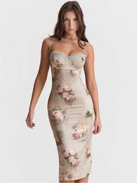 Nieuw in dubbel gelaagde satijnen gevoerde midi -jurk voor vrouwen zomer 2023 chic elegante slanke bloemenprint tuin feestjurken