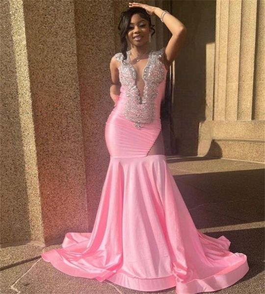 Nuevo en rosa Vestido de fiesta 2023 con cuentas Elegante Tallas grandes Sirena Vestidos de noche Chica negra Ocasión formal Vestido de fiesta de noche Nigeria Ceremonia africana Ropa de compromiso