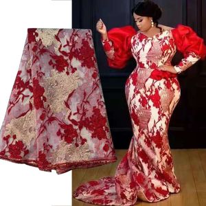 Nuevo en vestido de fiesta de sirena sudafricano Elegante vestido de noche rojo de talla grande Mangas largas Jacquard Vestido formal de encaje de tul francés Batas De Bal Vestidos de graduación para mujeres