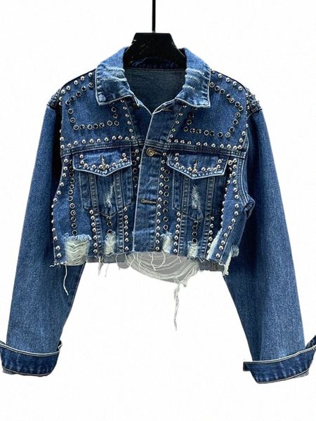 Nuevo en primavera verano para mujer chaqueta de mezclilla 2024 industria pesada remache tachonado abrigos de jean mujeres desgastadas cuentas de uñas jean lg top con mangas 617n #