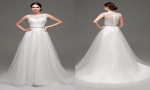 Nouveau dans les robes de mariée en dentelle en stock 2018 Jewel décolleté bon marché Robes de mariage appliqués en perles Whiteivory Inventory Bridal Dres8593620