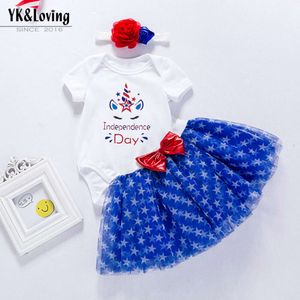 Nieuwe onafhankelijkheidsdag baby kostuum feestjurk zomerjurk met belettering korte mouw sweetheart blauwe sterren rok set
