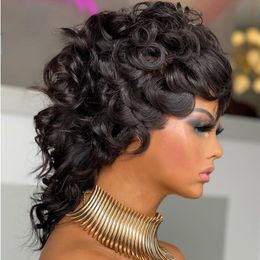 Nueva peluca corta de onda profunda de cabello humano virgen de la India con flequillo 180% de densidad Pelucas delanteras de encaje sin cola para mujeres Pelucas de corte de duendecillo de color negro