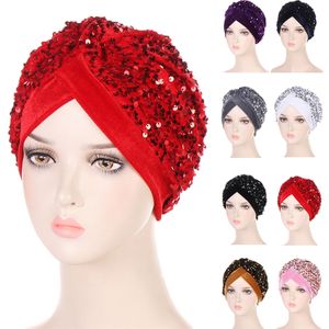 Nieuwe Indiase tulband pailletten fluweel chemo cap vrouwen moslim binnenhaelkaar geplooide haarverlies cover SCARF wrap beanies motorkap hoed