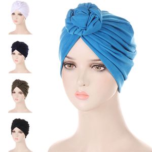 Nieuwe Indiase twist knoop tulband vrouwen stretch geplooide chemo cap moslim hijab haarverlies hoofdomslag sjaalhoofdwikkeling benaies motorkap hoed