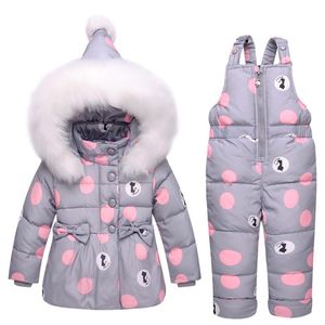 Nuevo bebé infantil abrigo de invierno traje de nieve pato abajo niñas pequeñas trajes de invierno ropa de nieve mono Bowknot Polka Dot sudaderas con capucha chaqueta LJ269L