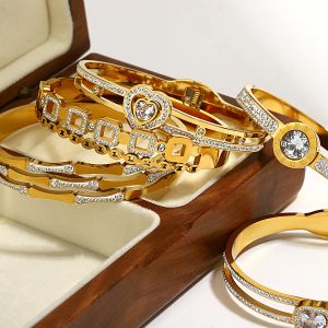 Nieuwe ingelegde kristallen zirkoon hart bamboe 14k geel gouden armbanden armbanden voor vrouwen charme gouden accessoires cadeau