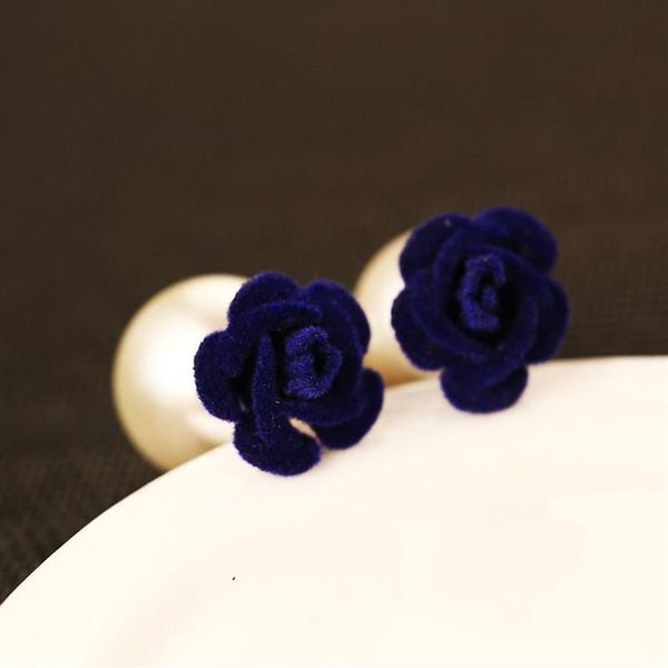 Nuevos pendientes elegantes de perlas de flor de Camelia de doble cara de diseñador de lujo de estilo de moda ins para mujer rojo púrpura blue248s