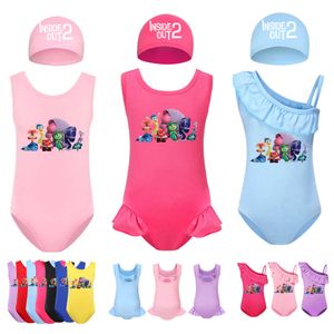 Nieuwe Inside Out 2 Gedrukte badmode kinderen één stuk zwemmen outifts babymeisjes vreugde zwempakken kinderen badpakken vol lichaam w/cap l2405