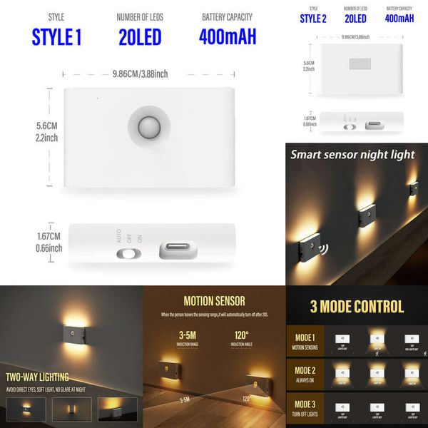 Nuevo sensor de movimiento de inducción inteligente Sensor de movimiento de luz Tipo-C Lámpara de pared LED magnética inalámbrica para el gabinete de corredor de dormitorio