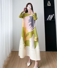 New Issey Casual geplooide mode -stijl jurk dames ronde nek bedrukte jurk 14