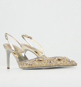 Nieuw Italië Design Renecaovilla Aretha Sandalen schoenen Slingbacks Nylon Jewel Crystals geborduurde kristallen kralen Pumps feest trouwjurk Lady Walking EU35-43