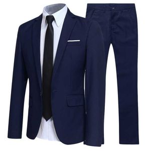 Nieuwe jas + broek 2 stks / set blazer mannen pak plus size mannen effen kleur lange mouw revers slanke knop pak werk bedrijf pakken x0909
