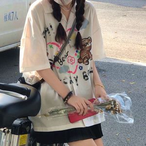 New Japan Kawaii Grunge Grunge Graffiti Bear Cute Button Up Shirt Teenage Egirl Summer Large 2XL White Blue Tops Harajuku Loose